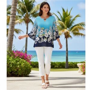 JM Collection Floral Top Sheer Flared Sleeves Size Petite Medium